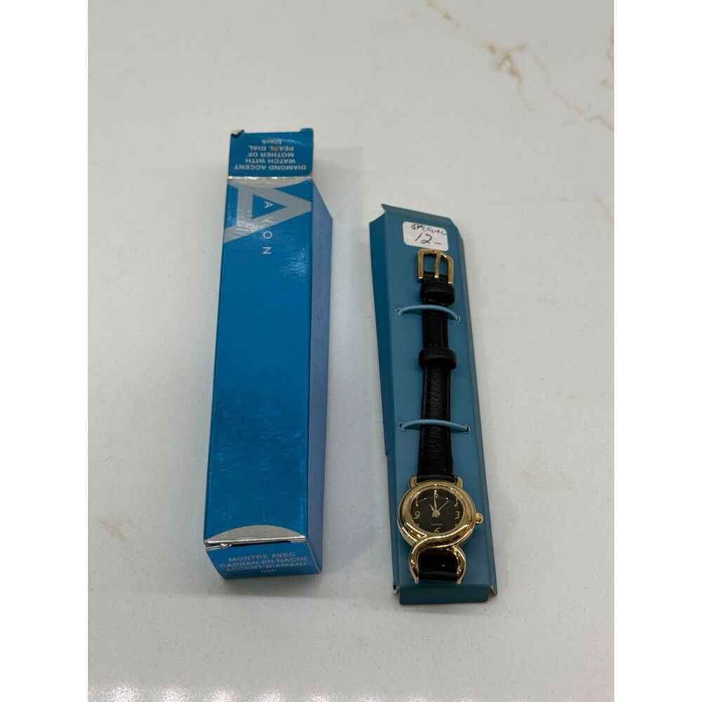 Vintage Avon Gold Tone Diamond Accent Watch Black Leather Strap NIB Untested